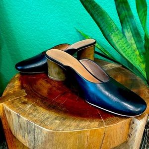 Bernardo Black Leather Wood Heel Mule